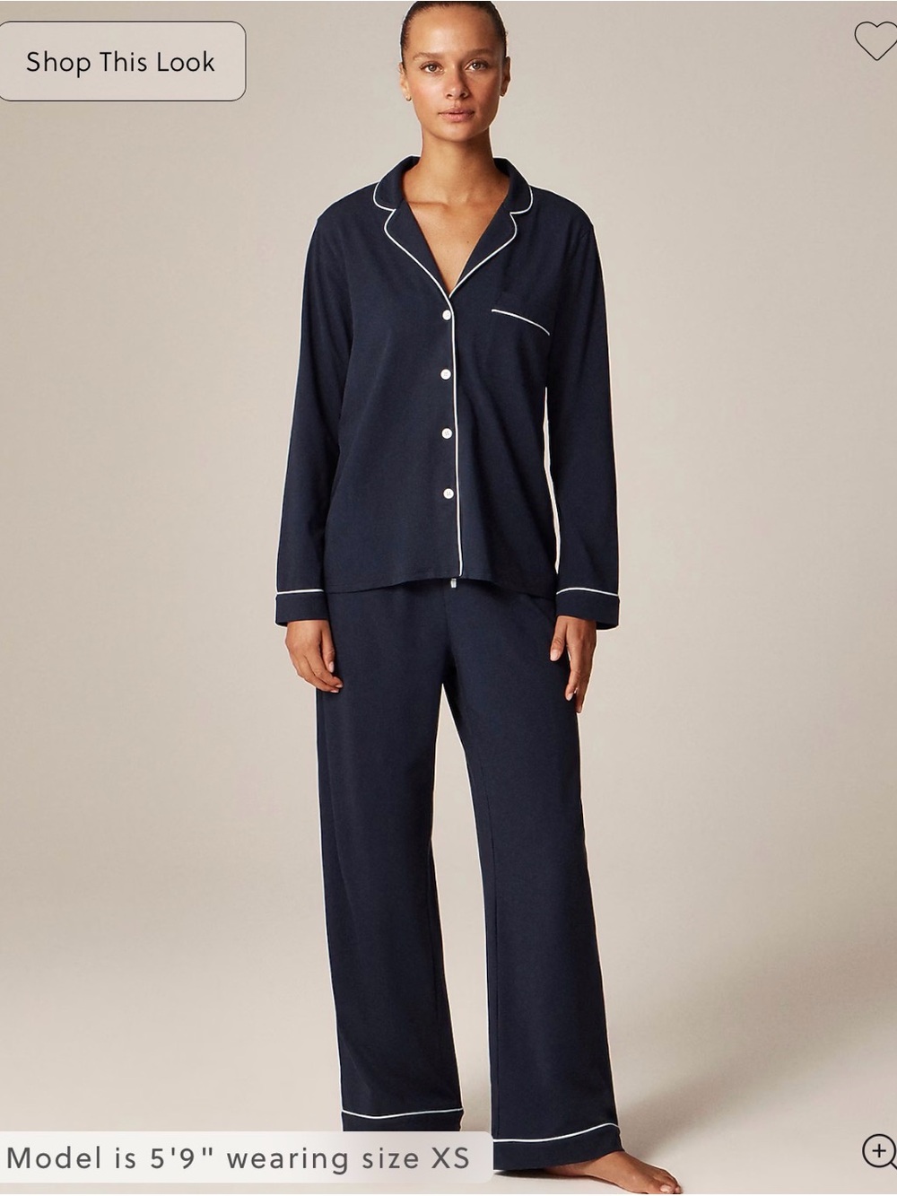 J. Crew Dreamy Cotton Blend Pajama Set- Navy Pajama Set with White Piping- XS